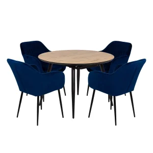 Stół rozkładany LEVIN fi 110 + 4 krzesła MUNO niebieski
