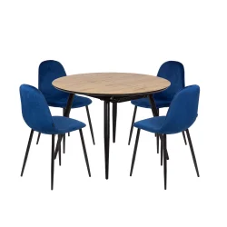Stół rozkładany LEVIN fi 110 + 4 krzesła OLAF niebieski