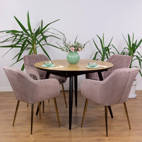 Stół rozkładany LEVIN fi 110 + 4 krzesła MUNO różowy - Zdjęcie 3