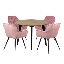 Stół RUBBO fi 105 drewniany + 4 krzesła ZIDANE różowy