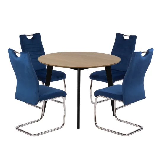 Stół RUBBO fi 105 drewniany + 4 krzesła KASPER ciemnoniebieski