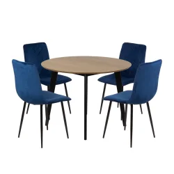 Stół RUBBO fi 105 drewniany + 4 krzesła KOBI niebieski
