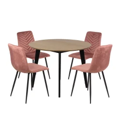 Stół RUBBO fi 105 drewniany + 4 krzesła KOBI 3 różowy