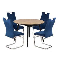 Stół LEVIN fi 110 + 4 krzesła KASPER ciemnoniebieski