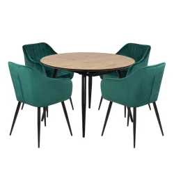 Stół LEVIN fi 110 + 4 krzesła MUNIOS zielony