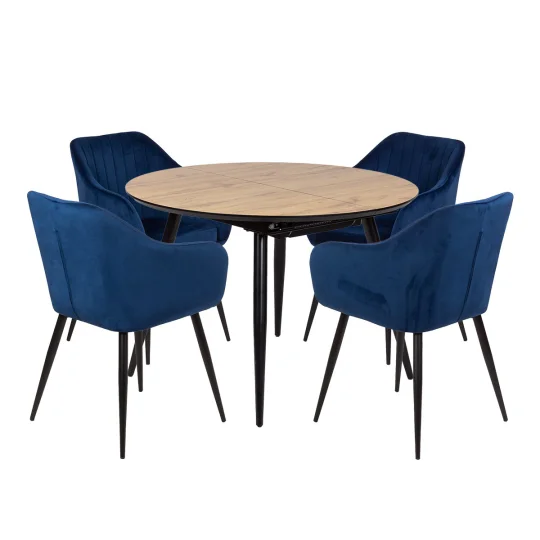 Stół LEVIN fi 110 + 4 krzesła MUNIOS niebieski