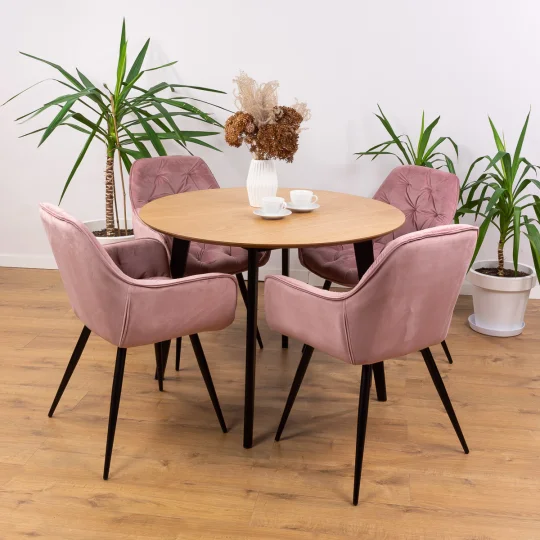 Stół RUBBO fi 105 drewniany + 4 krzesła ZIDANE różowy - Zdjęcie 5