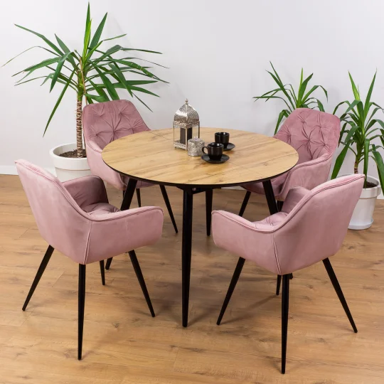 Stół LEVIN fi 110 + 4 krzesła ZIDANE różowy - Zdjęcie 6