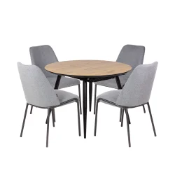 Stół rozkładany LEVIN fi 110 + 4 krzesła SANTI jasnoszary
