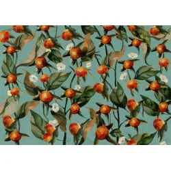 Fototapeta - Pomarańczowy gaj - motyw roślinny z owocami i liśćmi na niebieskim tle