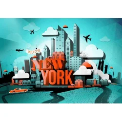 Fototapeta - Street art - czerwony napis Nowy Jork z motywem wieżowców i samochodów