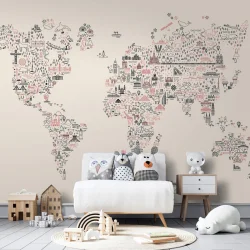 Fototapeta - Mapa z ikon - rysunkowe przedstawienie świata w pastelowych kolorach