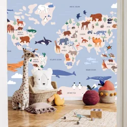 Fototapeta - Mapa świata z ilustracjami zwierząt