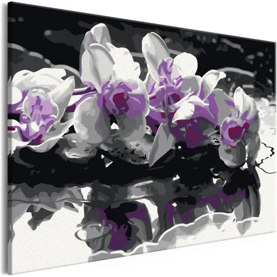 Obraz do samodzielnego malowania - Fioletowa orchidea (czarne tło i odbicie w wodzie) - Zdjęcie 3