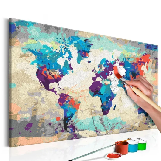 Obraz do samodzielnego malowania - Mapa świata (błękitno-czerwona) - Zdjęcie 2