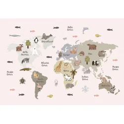 Fototapeta - Pastelowa mapa - zwierzęta i kontynenty do pokoju dziecięcego