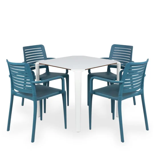 Stół ONE 80 biały + 4 krzesła PARK niebieski