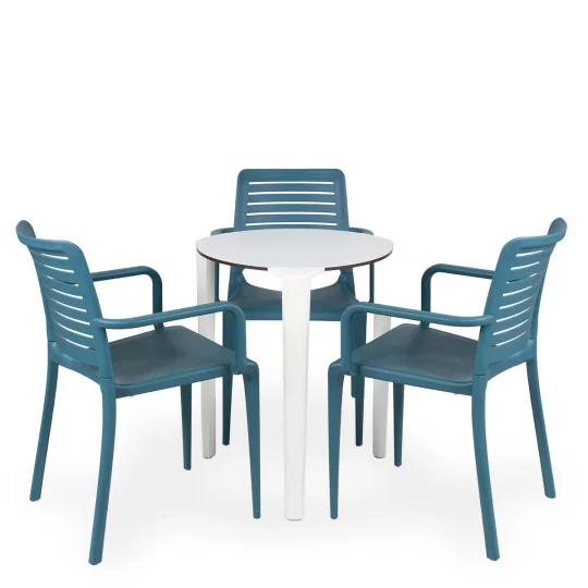 Stół ONE Q60 biały + 3 krzesła PARK niebieski