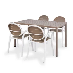 Stół CUBE 140x80 tortora/brązowy + 4 krzesła PALMA bianco tortora/biało brązowy