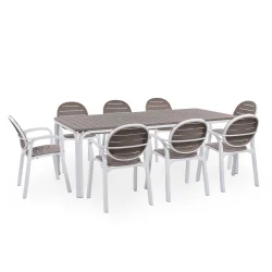 Stół rozkładany ALLORO 210/280 bianco tortora/biało brązowy + 8 krzeseł PALMA bianco tortora/biało brązowy
