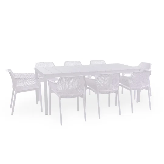 Stół rozkładany RIO 210 biały + 8 krzeseł NET biały