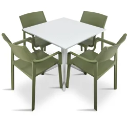 Stół CLIP 70 biały + 4 krzesła TRILL ARMCHAIR zielony