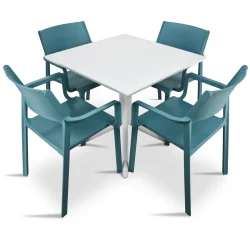 Stół CLIP 70 bianco/biały + 4 krzesła TRILL ARMCHAIR ottanio/niebieski