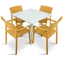 Stół CLIP 70 biały + 4 krzesła TRILL ARMCHAIR musztardowy