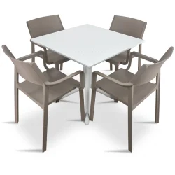 Stół CLIP 70 biały + 4 krzesła TRILL ARMCHAIR brązowy