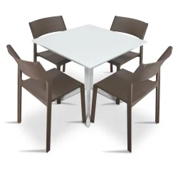 Stół CLIP 70 bianco/biały + 4 krzesła TRILL BISTROT tabacco/ciemnobrązowy