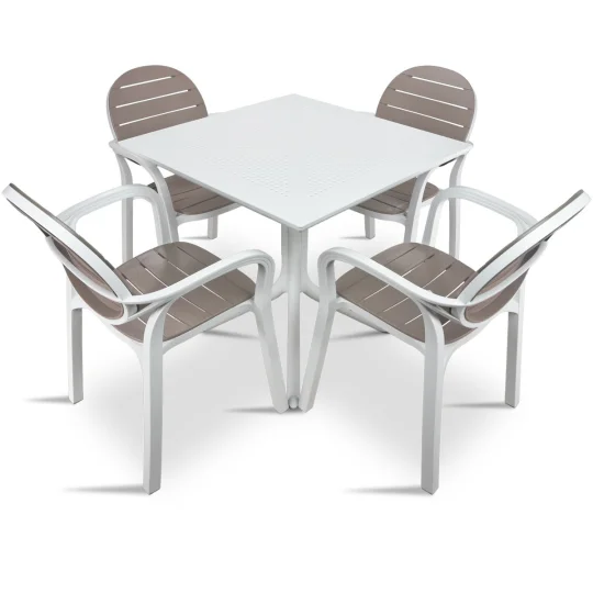 Stół CLIP 70 biały + 4 krzesła PALMA biało brązowy