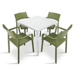 Stół CUBE 70 bianco/biały + 4 krzesła TRILL ARMCHAIR agave/zielony