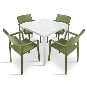 Stół CUBE 70 bianco/biały + 4 krzesła TRILL ARMCHAIR agave/zielony
