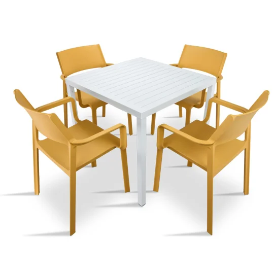 Stół CUBE 70 bianco/biały + 4 krzesła TRILL ARMCHAIR senape/żółty