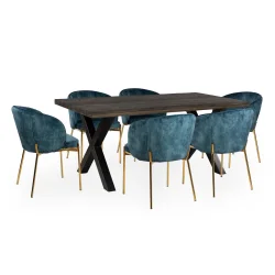 Stół SKARA 180 krzyżowane nogi + 6 krzeseł LUCAS niebieski