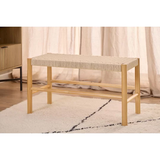 Ławka wewnętrzna z plecionką SUEZ 80x35 drewniana/beżowa - Zdjęcie 7