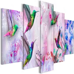 Obraz - Kolorowe kolibry (5-częściowy) szeroki fioletowy