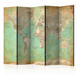 Parawan 5-częściowy - Turkusowa mapa świata [Room Dividers]