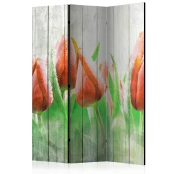 Parawan 3-częściowy - Czerwone tulipany na drewnie [Room Dividers]