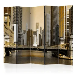 Parawan 5-częściowy - Most w Chicago (efekt vintage) II [Room Dividers]