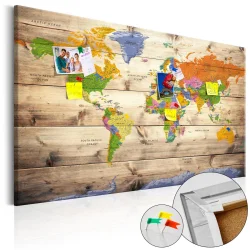 Obraz na korku - Mapa na drewnie: Kolorowe podróże [Mapa korkowa]