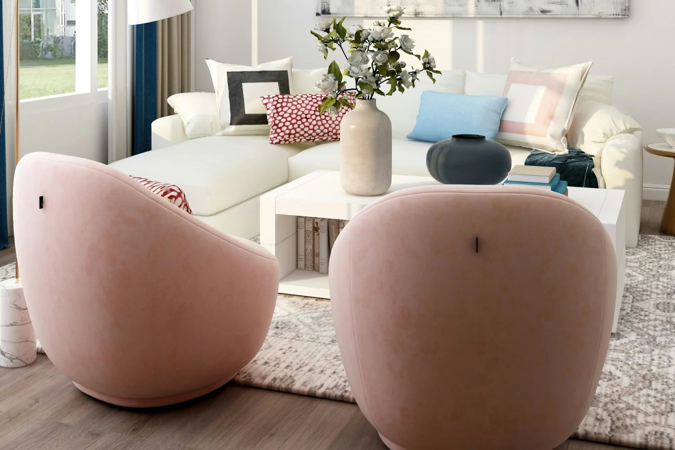 Brzoskwiniowe fotele tworzą uroczą kompozycję z bielą i pastelami.